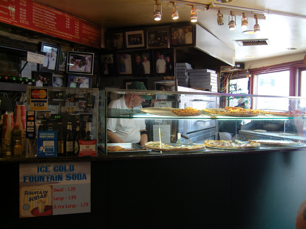 Pizza counter at Bleecker Street Pizza. 