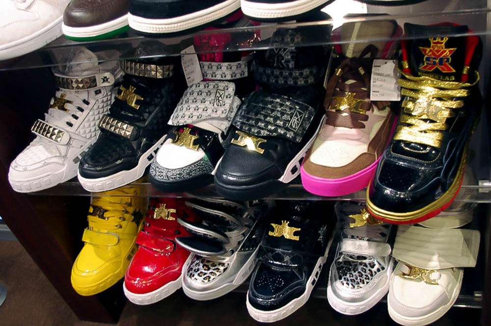 Sneaker display inside Kicks Lab in Tokyo. Photo by alphacityguides.