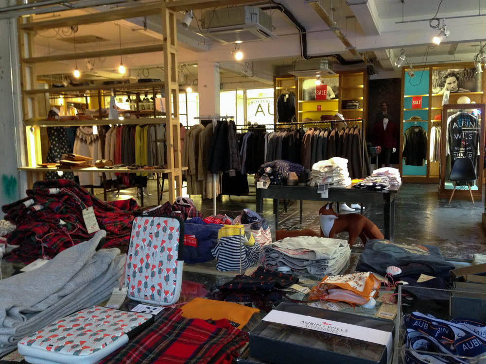 Fashion and accessory display inside of Aubin and Wills in London. Photo by alphacityguides.