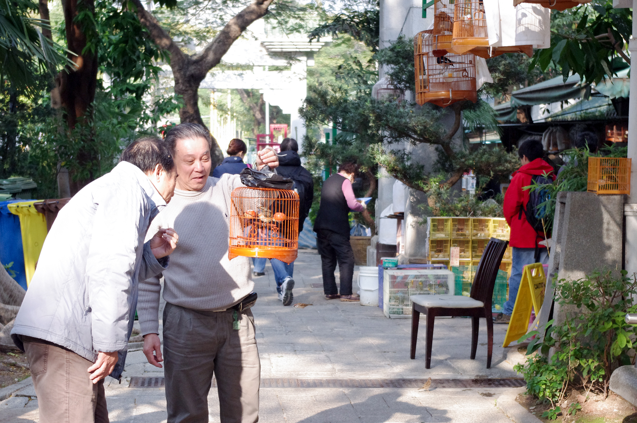 Men at the Bird Garden on Yuen Po Street, Hong Kong. Photo by alphacityguides.