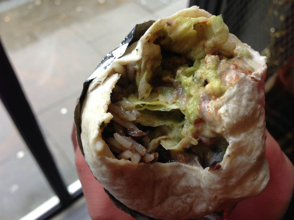 Prawn burrito at Chilango Burrito in London. Photo by alphaciyguides.