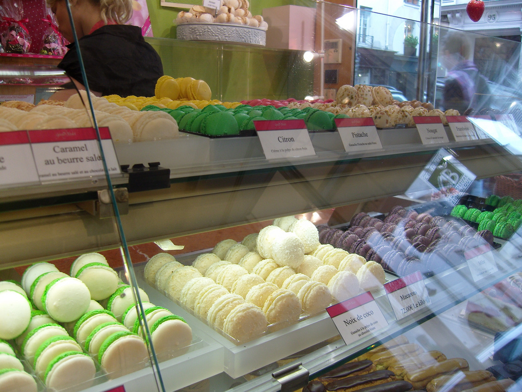 Macaron case at Gerard Mulot in Paris. Photo by alphacityguides.