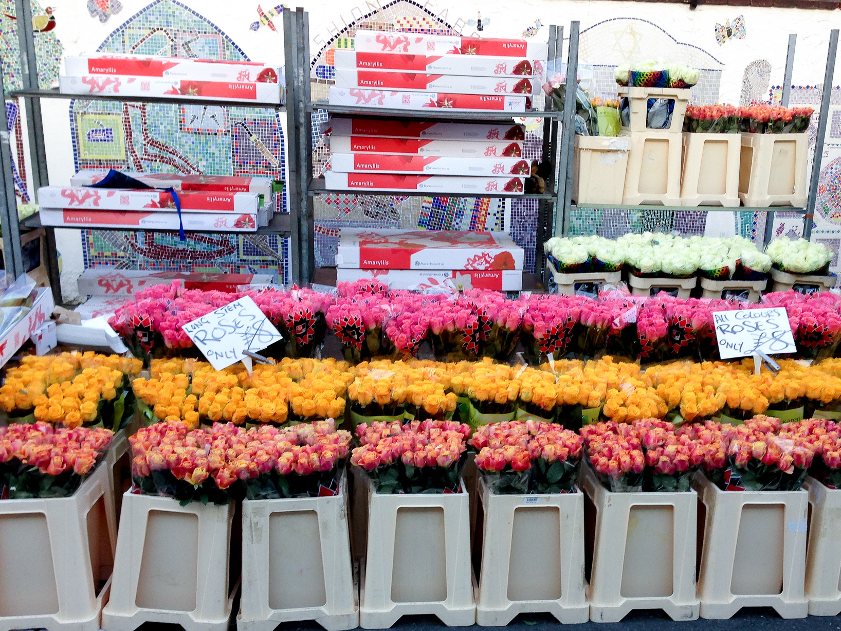 Roses at the Columbia Road Flower Market in London. Photo by alphacityguides.