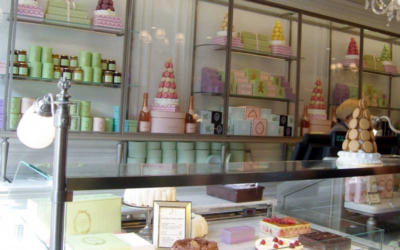 Ladurée pastry counter in Paris. Photo by alphacityguides.