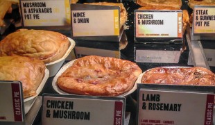 Square Pie display case at Square Pie in Spitalfields market in London. Photo by alphacityguides.