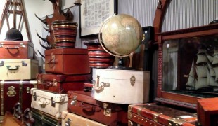 Vintage and antique globes and suitcases at Henry Gregory in London. Photo by alphacityguides.