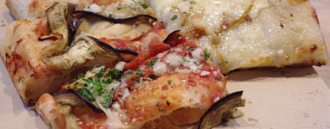 Half-eggplant, half truffle cream with potato pizza from Al Taglio in Paris. Photo by alphacityguides.
