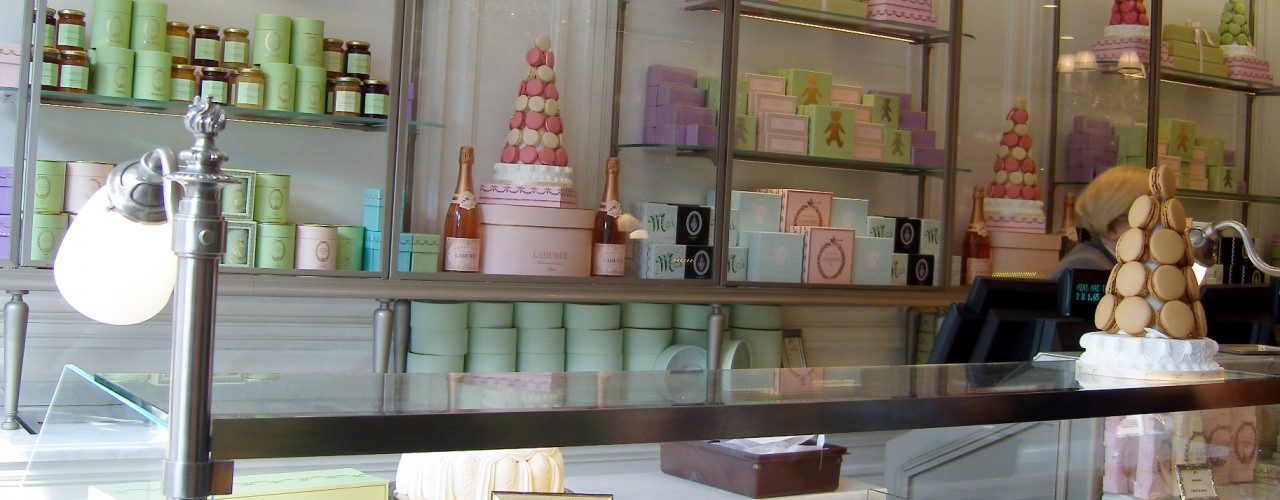 Ladurée pastry counter in Paris. Photo by alphacityguides.