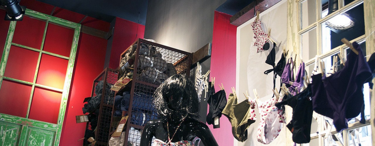 Fashion display inside Le temps des Cerises in Paris. Photo by alphacityguides. 