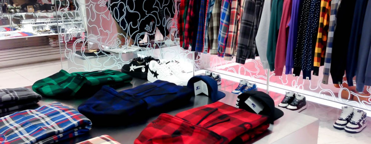 Fashion display inside A Bathing Ape in Tokyo. Photo by alphacityguides.