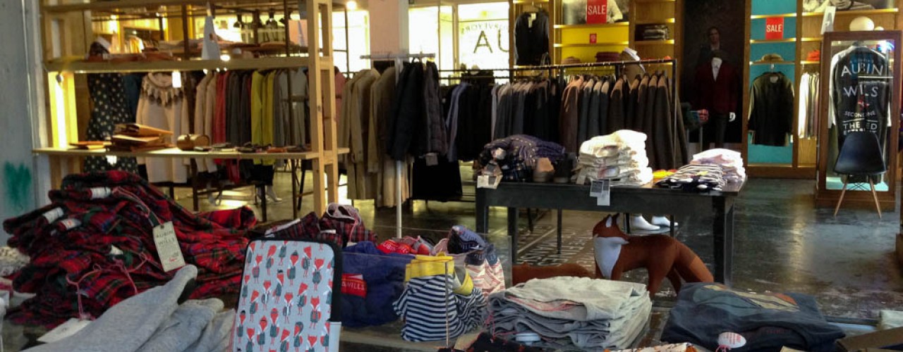 Fashion and accessory display inside of Aubin and Wills in London. Photo by alphacityguides.