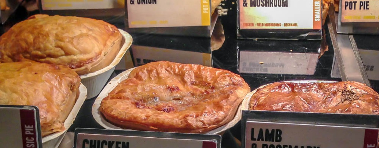 Square Pie display case at Square Pie in Spitalfields market in London. Photo by alphacityguides.