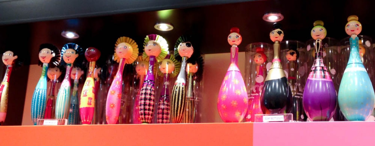 Decorative dishbrushes and liquid soap bottles at Pylones in London. Photo by alphacityguides.
