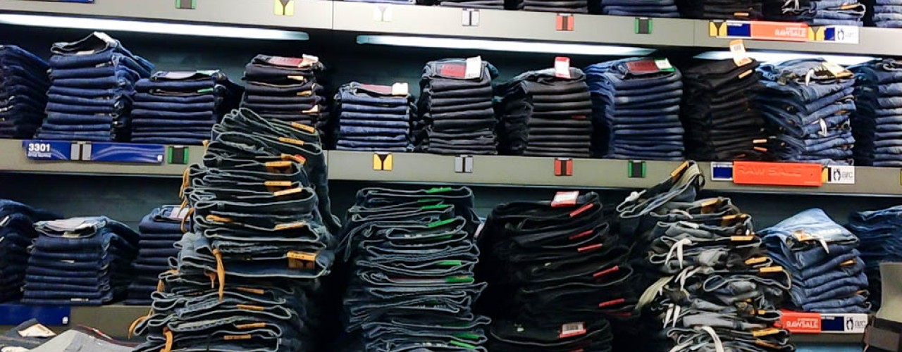 Denim wall at G-Star Raw in London. Photo by alphacityguides.
