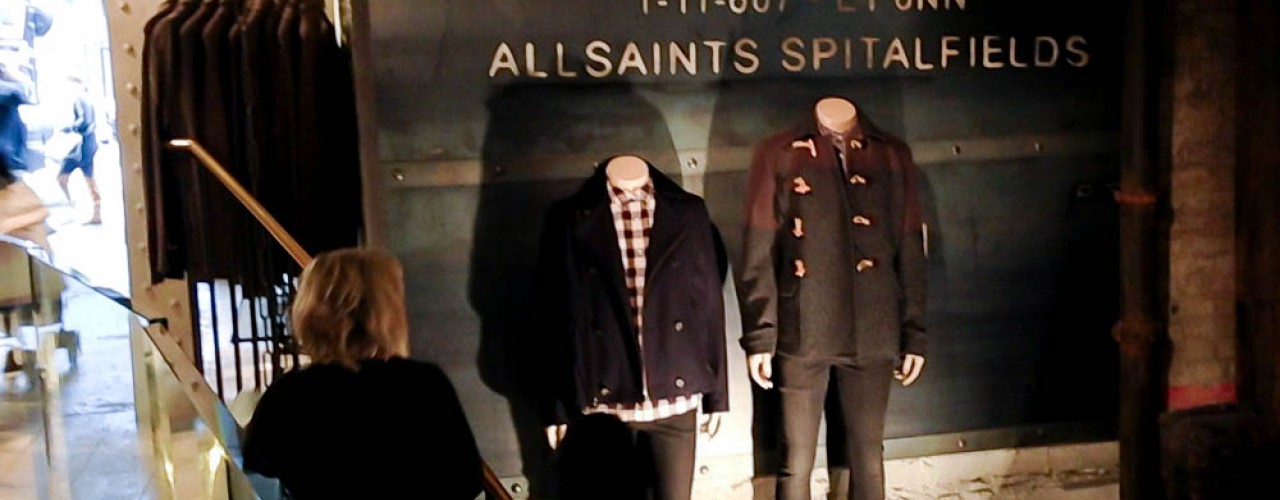 Men's fashion at AllSaints in London. Photo by alphacityguides.