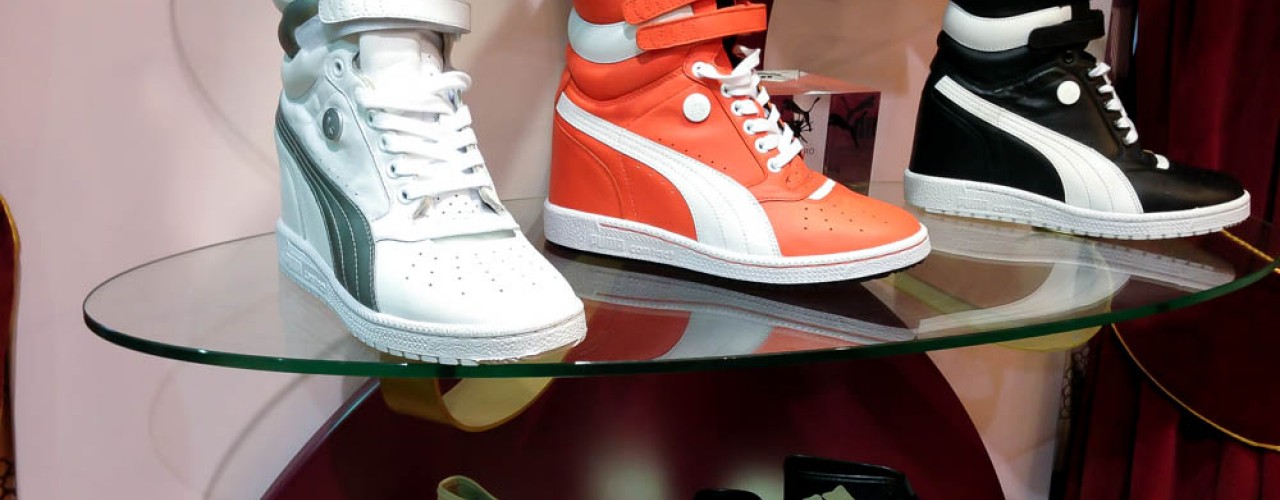 Sneaker display at Poste Mistress in London. Photo by alphacityguides.