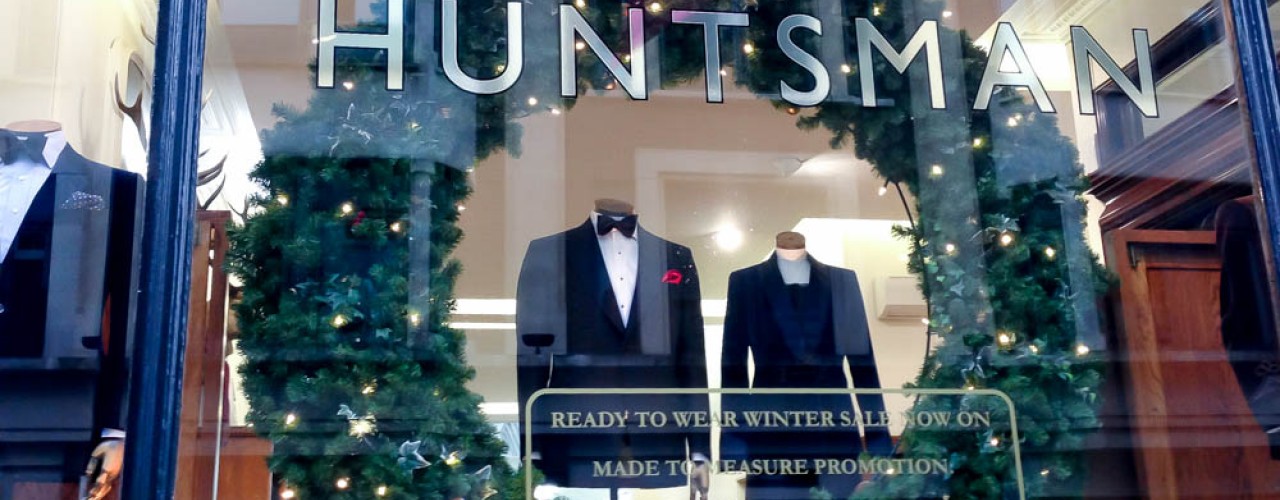 Window display at Huntsman on Savile Row in London. Photo by alphacityguides.