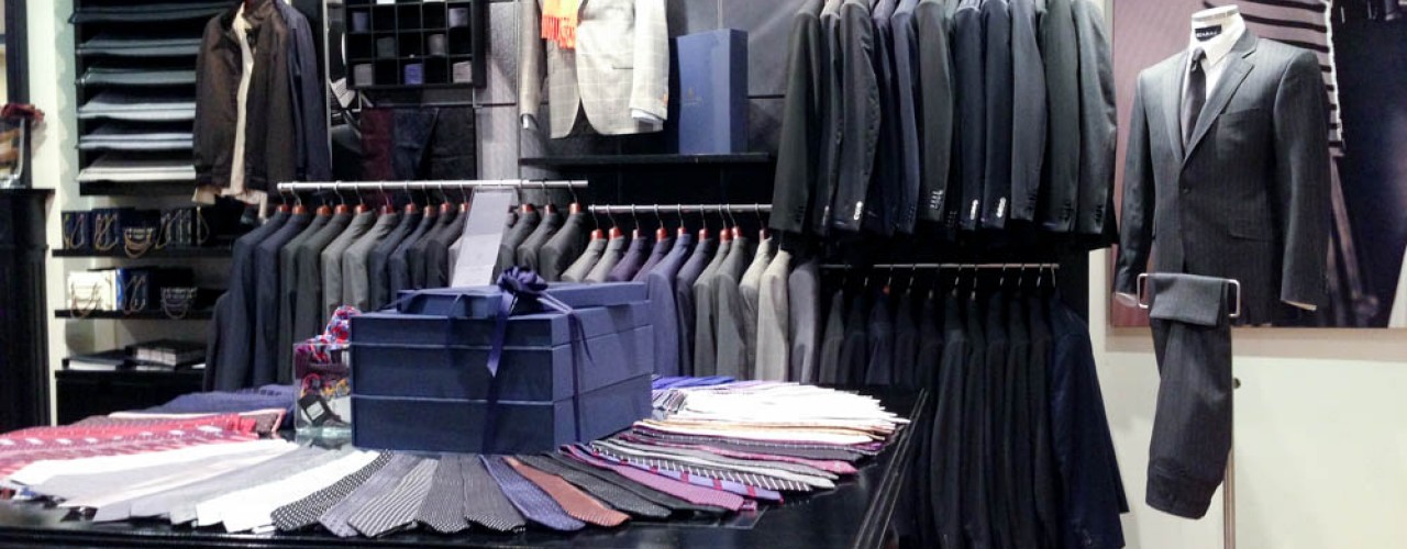 Made to measure suit display inside Scabal on Savile Row in London. Photo by alphacityguides. 