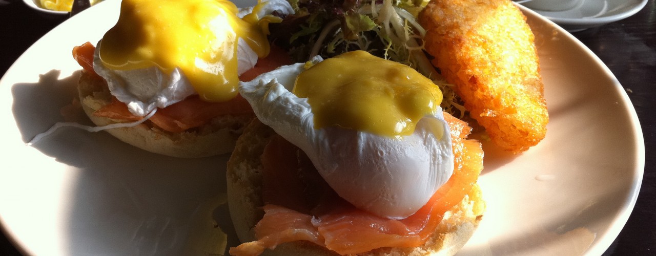 Salmon eggs benedict at Brunch Club & Supper in Hong Kong. 