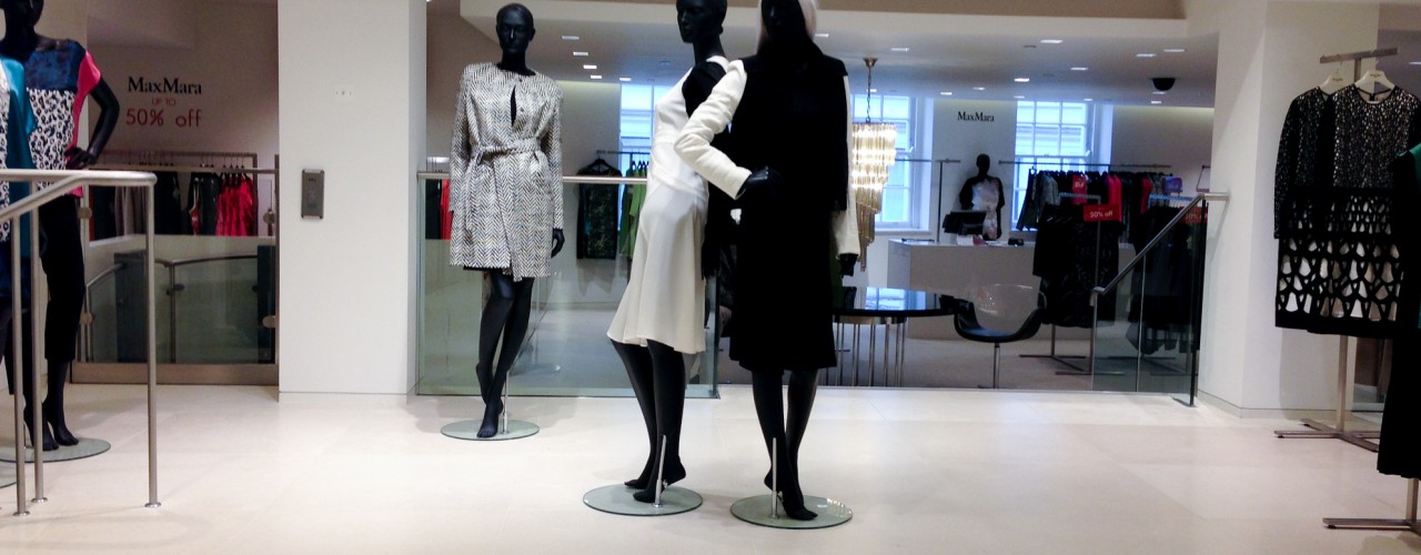 Womenswear display at Fenwick Department store in London. Photo by alphacityguides.