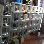 Sneaker display at MWShift in Paris. Photo by alphacityguides.