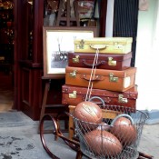 Footballs and suitcases at Henry Gregory in London. Photo by alphacityguides.