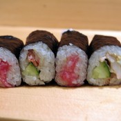 Sushi rolls (cucumber and salmon and tuna) at Sushi Dai in Tokyo. Photo by alphacityguides. 