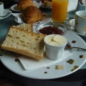 Homemade bread, butter and preserves at Dalloyau in Paris.