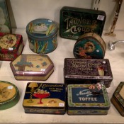 Vintage box display at Chole Alberry in the Portobello Market in London. Photo by alphacityguides.