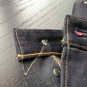 Careful control stitching on Japanese selvage denim jeans. 