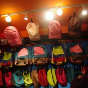 Backpack wall display inside Thank You Mart in Tokyo. Photo by alphacityguides.