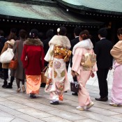 Members of a wedding procession at the Meiji Shrine in Tokyo. Photo by alphacityguides.